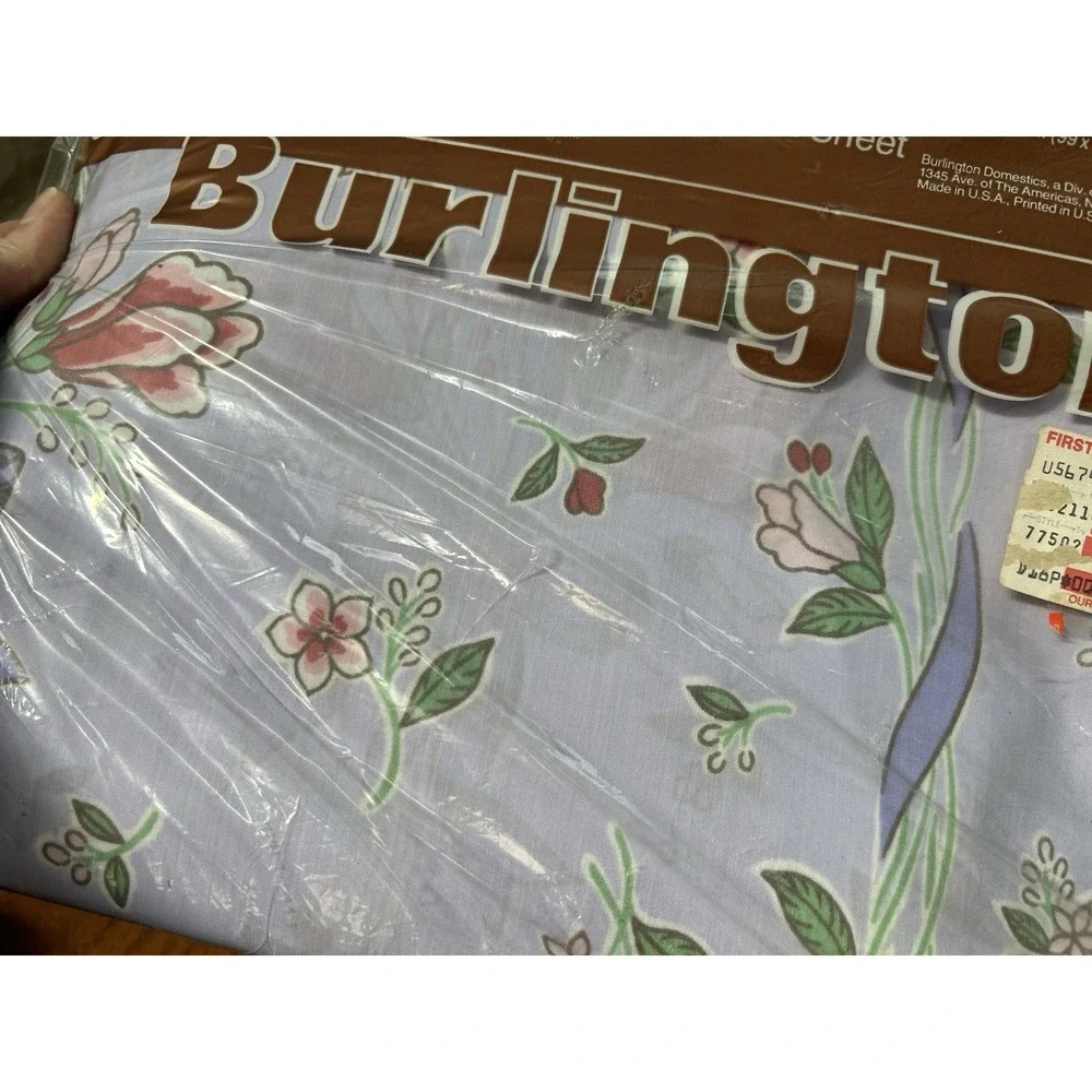Vintage Burlington Caress Floral Fitted Twin Sheet Periwinkle Bouquet Ribbon New